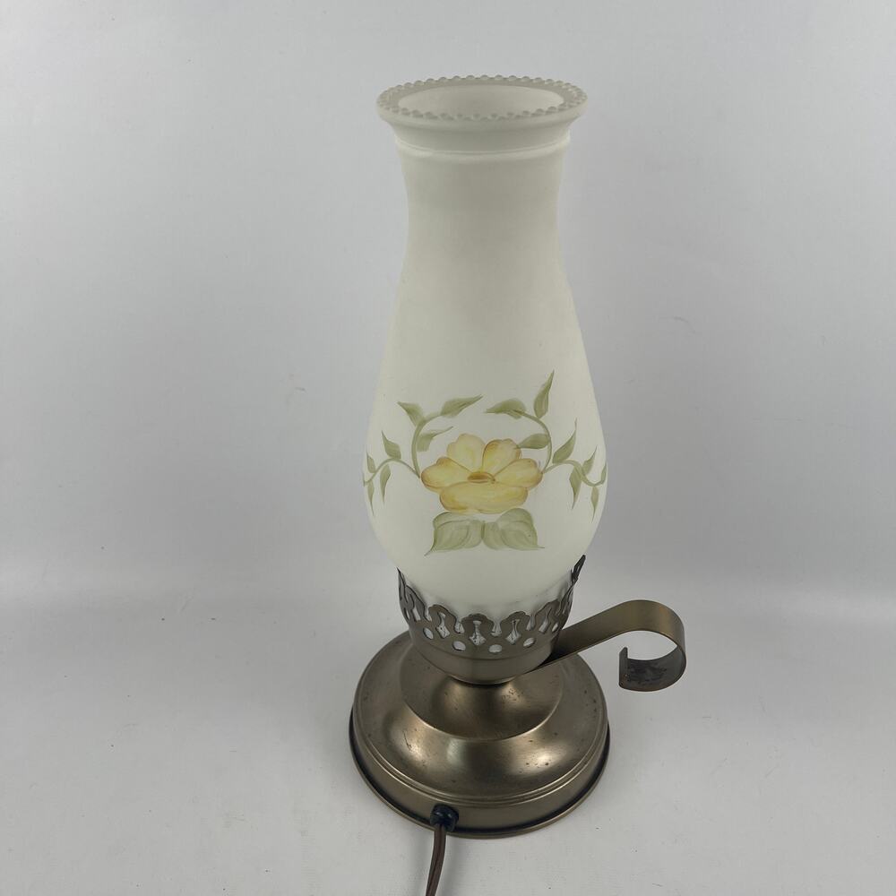 Vintage Electric Hurricane Lamp with White Floral Globe 12”